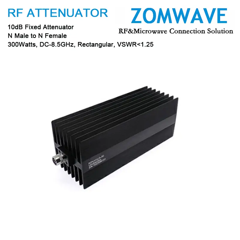 10dB Fixed Attenuator, N Male to N Female, 300Watts, DC-8.5GHz, Rectangular, VSWR1.25